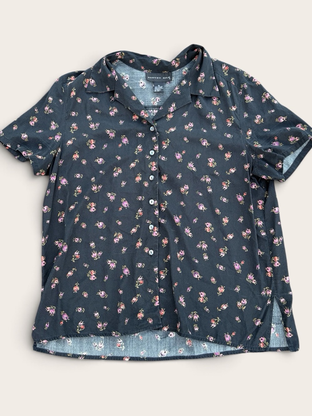 VINTAGE August Silk 100% Silk Floral Button Front Blouse XL Black Rose Print